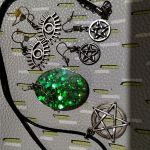 Witch pagan jewelry handmade lot necklace pendant and earrings